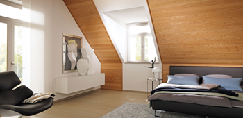 Schlafzimmer mit Echtholzpaneele wänden