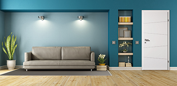 Wohnzimmer Holz blau weiß